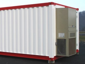 Exterior of a modular building with air conditioning unit.