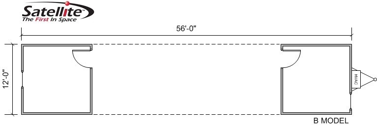 An illustrated floor plan of a Satellite Shelters B Model s-plex modular building.