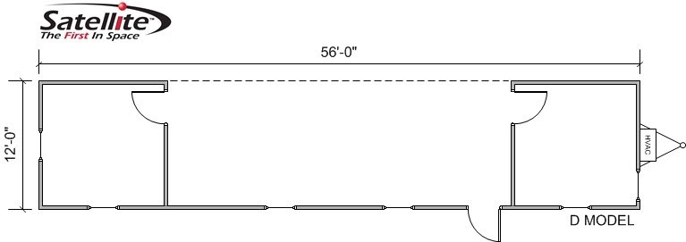 An illustrated floor plan of a Satellite Shelters D Model s-plex modular building.