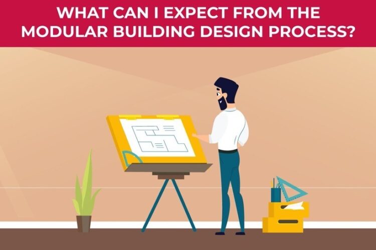 An illustration of a man designing a modular building floor plan.