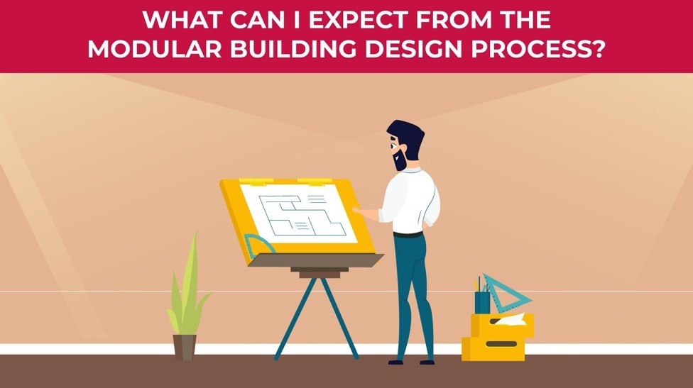 An illustration of a man designing a modular building floor plan.