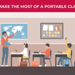 an illustration of a portable classroom with a teacher pointing at a map while students watch