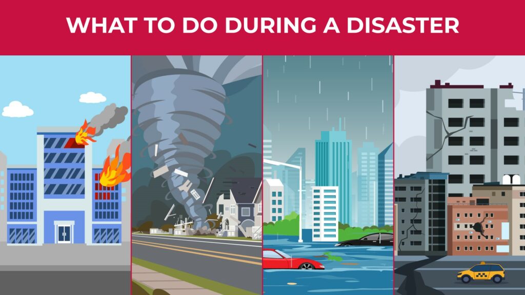 an illustration of a building on fire, a tornado, a flood, and an earthquake
