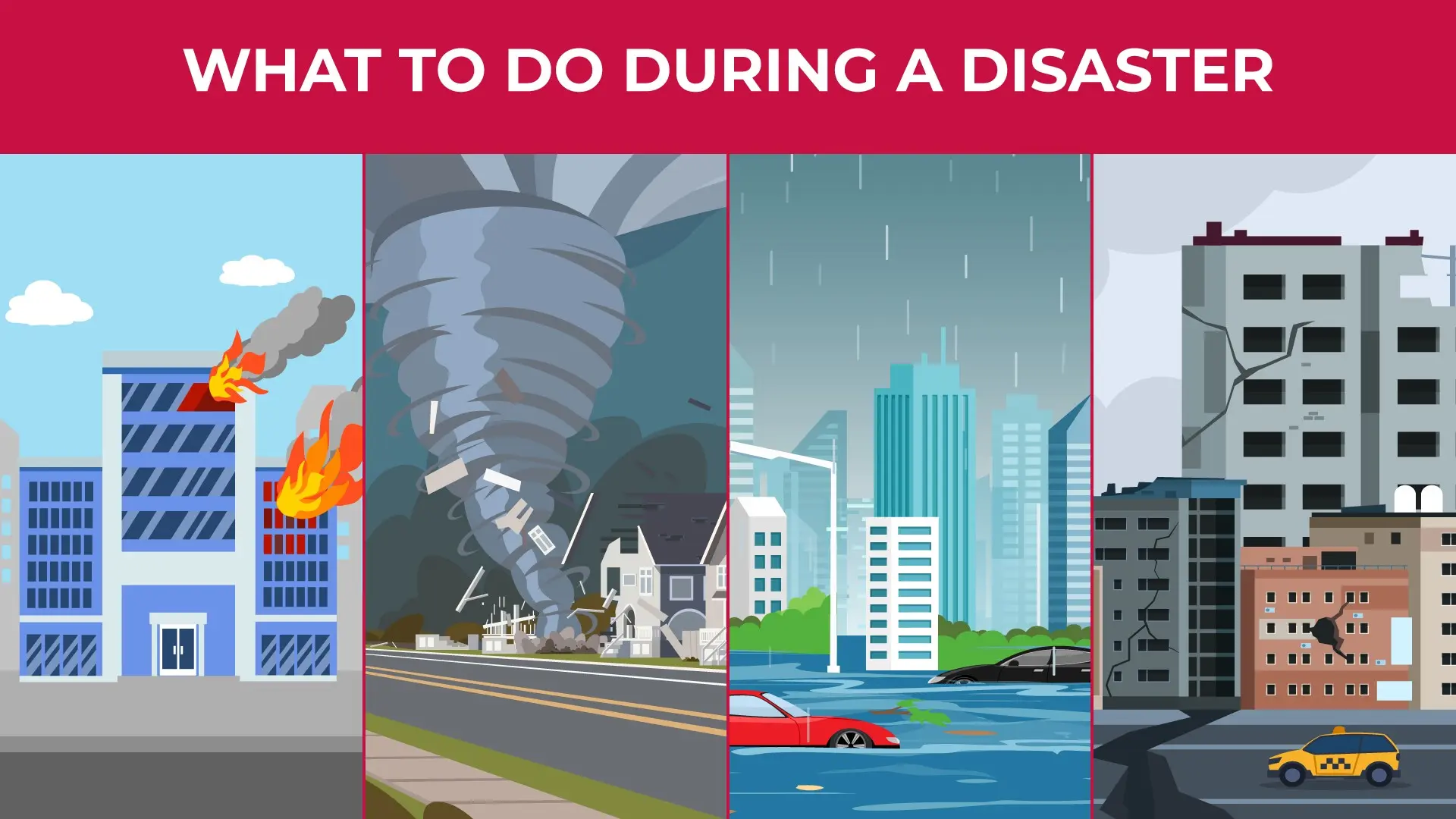an illustration of a building on fire, a tornado, a flood, and an earthquake