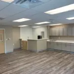 interior of modular educational building childcare room view of restroom and counters