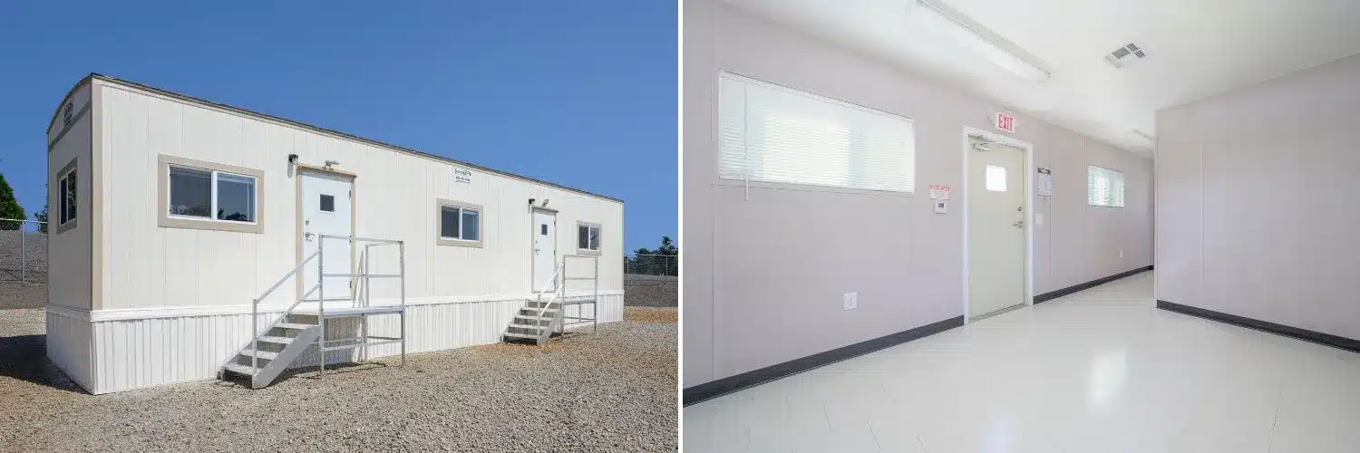 An interior and exterior view of a mobile office trailer.
